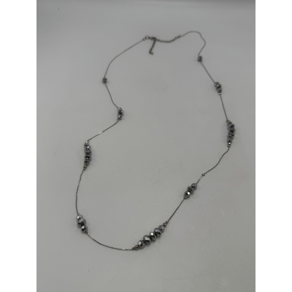 Silver Tone Faceted Metallic Grey Bead Long Station Necklace 30-33 Inch
